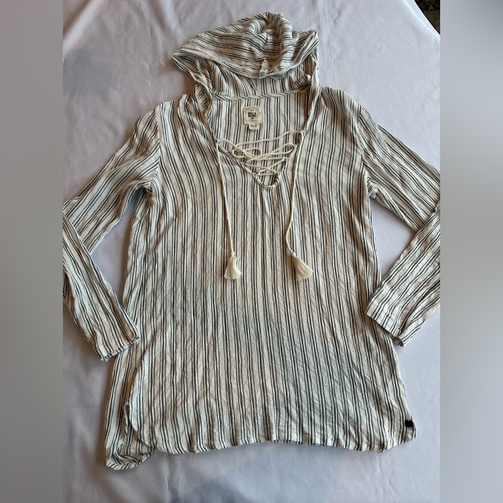 Billabong Black and White Striped Light Hoodie with Ties Size Medium